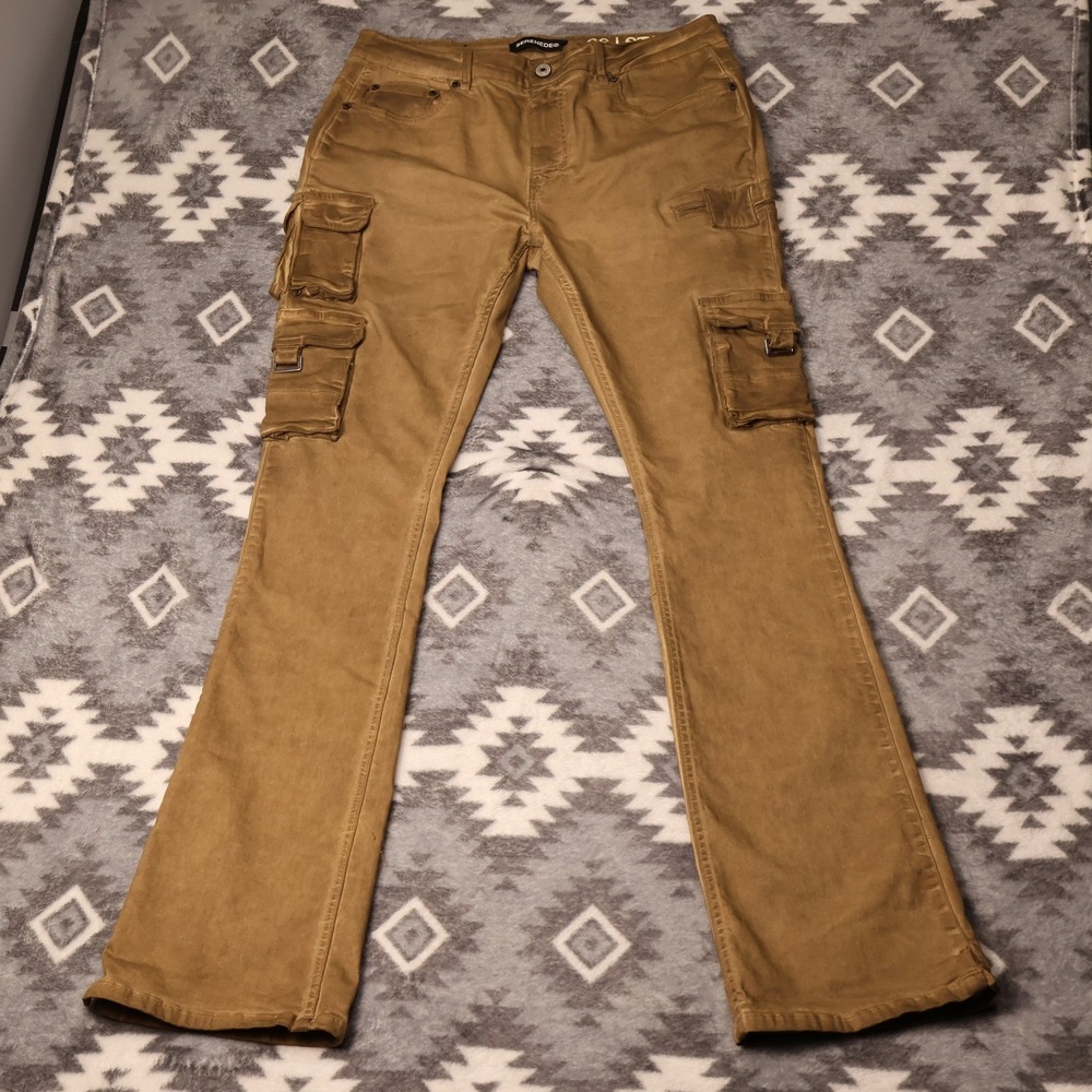 Serenede Stacked Denim Cargo Pants Tan Khaki Mens 36x34 Streetwear Multi Pocket